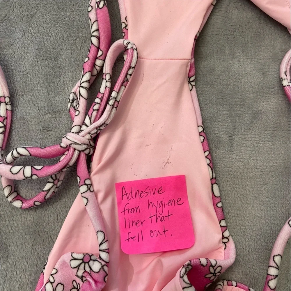 New! Frankie’s bikinis Tia Terry String Bikini Bottom Pink Daisy 24415